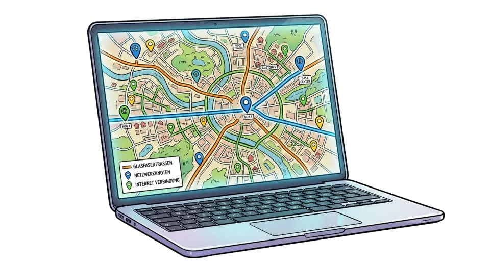 Comic-Zeichnung: Auf einem Laptop liegt ein Stadtplan mit farbig eingezeichneten Glasfasertrassen, markierten Netzwerkknoten und Anschlusspunkten; unten erklärt eine Legende die Symbole.
