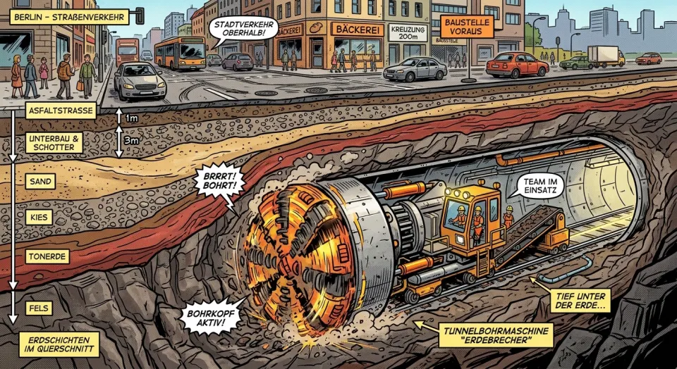 Comic-Zeichnung: Querschnitt durch den Untergrund einer Stadtstraße mit beschrifteten Erdschichten von Asphalt über Sand und Kies bis zum Fels. Darin treibt eine Bohrmaschine einen Rohrkanal unter der Fahrbahn voran.
