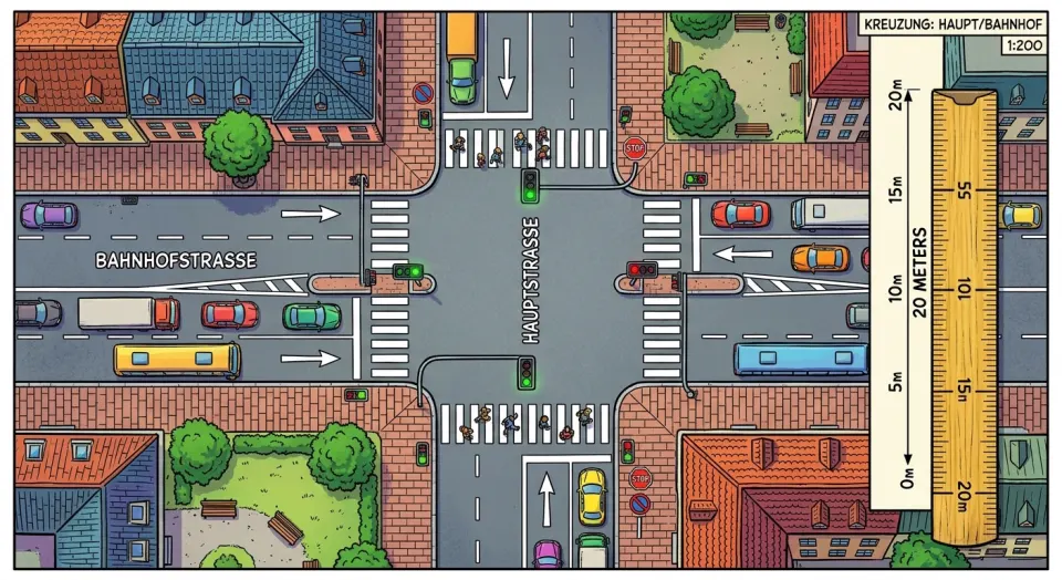 Comic-Zeichnung: Blick von oben auf die Kreuzung Bahnhofstraße und Hauptstraße mit Ampeln, Fußgängerüberwegen, Fahrspuren und wartenden Autos. Am rechten Rand ein Maßstab über zwanzig Meter.