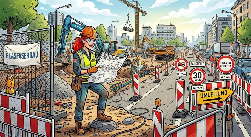 Comic-Zeichnung: Eine Bauleiterin steht mit einem Plan in der Hand vor einer Glasfaser-Baustelle. An der Straße stehen Absperrbaken und Verkehrszeichen für Tempo 30, Einfahrt verboten und Umleitung.