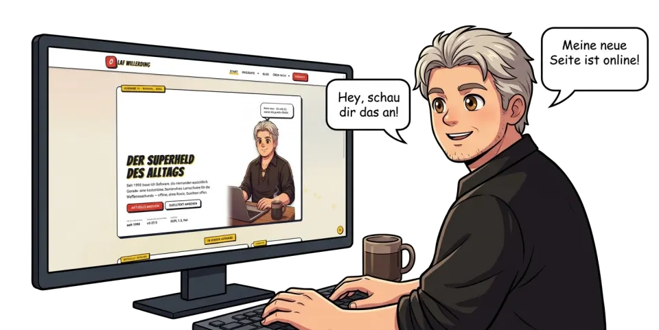 Comic-Zeichnung: Olaf Willerding sitzt am Bildschirm, auf dem seine Startseite mit dem Titel „Der Superheld des Alltags“ zu sehen ist, und sagt: „Meine neue Seite ist online.“