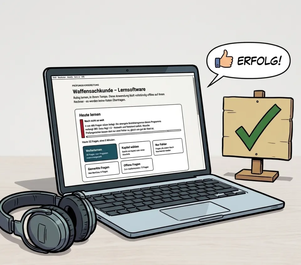 Comic-Zeichnung: Ein Laptop zeigt den Lernbereich der Waffensachkunde-Software mit Kacheln zum Weiterlernen und zur Kapitelwahl. Daneben liegen Kopfhörer, rechts steht ein Holzschild mit grünem Haken und der Aufschrift „Erfolg“.