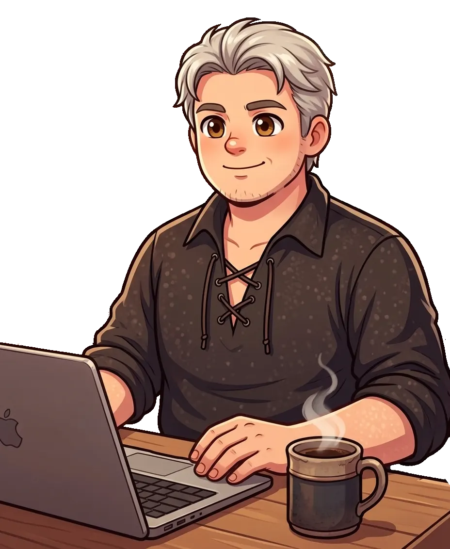 Olaf Willerding als Comic-Held am Schreibtisch, mit Laptop und Kaffeetasse
