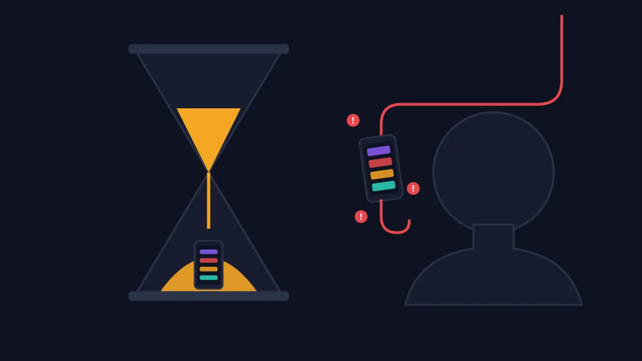 Illustration: Links eine Sanduhr, deren Sand über einem Smartphone verrinnt. Rechts ein Mensch als Umriss; vor seinem Kopf hängt ein Smartphone wie ein Köder an einer roten Angelschnur mit Haken, umgeben von drei Ausrufezeichen.