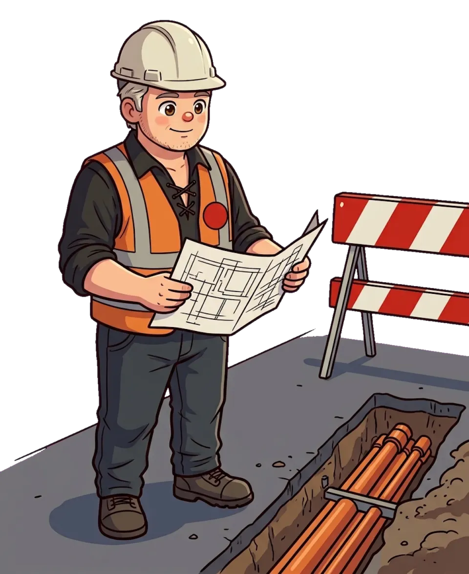 Comic-Zeichnung: Ein Mann mit weißem Schutzhelm und Warnweste steht mit einem aufgefalteten Bauplan an einem schmalen Graben voller orangefarbener Rohre; daneben eine rot-weiße Absperrbake