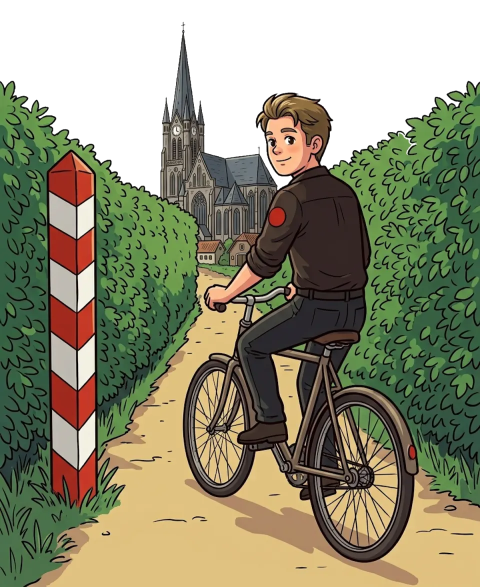 Comic-Zeichnung: Ein junger Mann fährt auf einem alten Fahrrad einen Sandweg zwischen hohen Hecken entlang; vorn ein rot-weißer Grenzpfahl, hinten eine Dorfkirche und Häuser