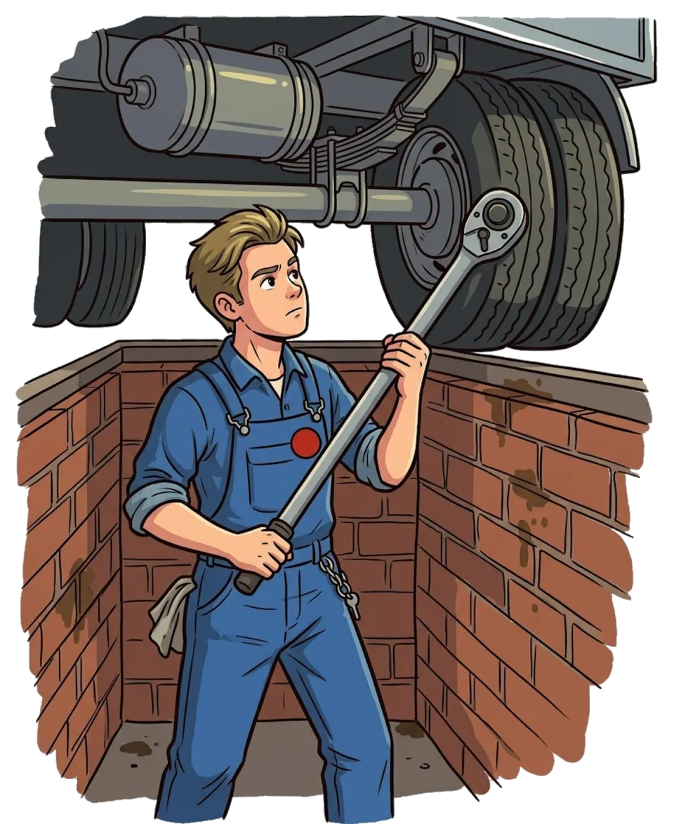 Comic-Zeichnung: Ein junger Mechaniker in blauer Latzhose steht in einer gemauerten Arbeitsgrube unter einem Lastwagen und setzt einen großen Drehmomentschlüssel an
