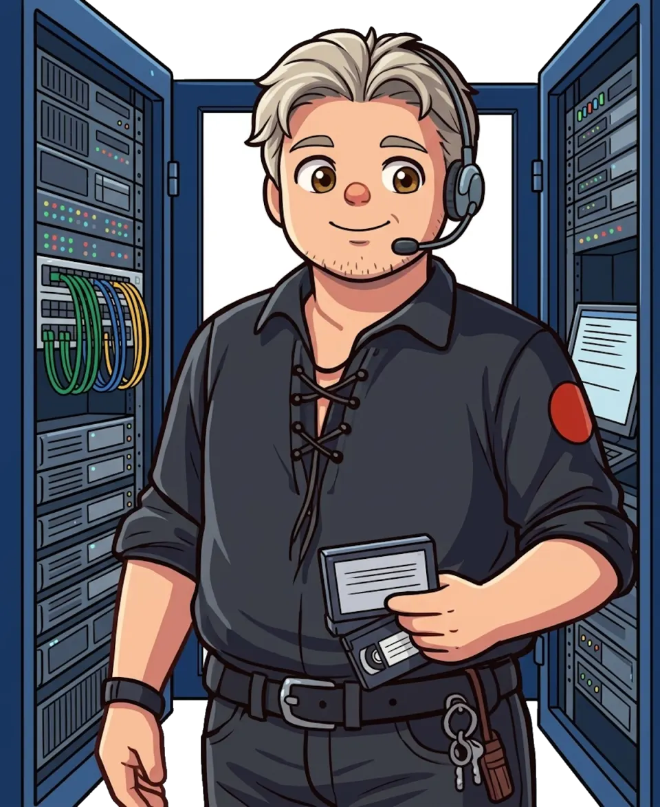 Comic-Zeichnung: Ein Mann mit Headset und dunklem Schnürhemd steht zwischen offenen Serverschränken und hält eine Bandkassette in der Hand