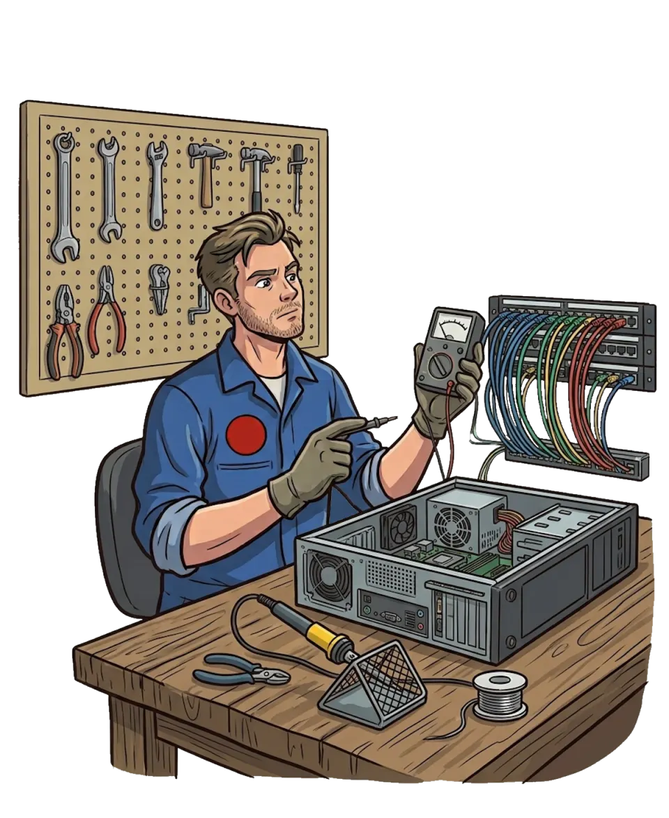 Comic-Zeichnung: Ein IT-Systemelektroniker sitzt an einer Werkbank mit aufgeschraubtem Rechner und Lötkolben und prüft mit einem Messgerät; daneben ein Patchfeld voller bunter Netzwerkkabel