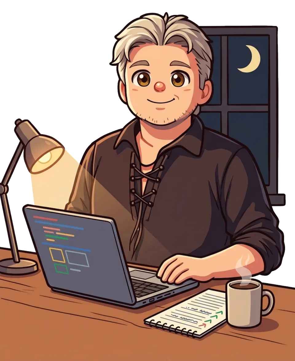 Comic-Zeichnung: Ein Mann mit grauem Haar und dunklem Schnürhemd sitzt abends lächelnd am Schreibtisch vor einem Laptop; daneben eine Schreibtischlampe, ein Kaffeebecher und ein Notizblock, im Fenster die Mondsichel