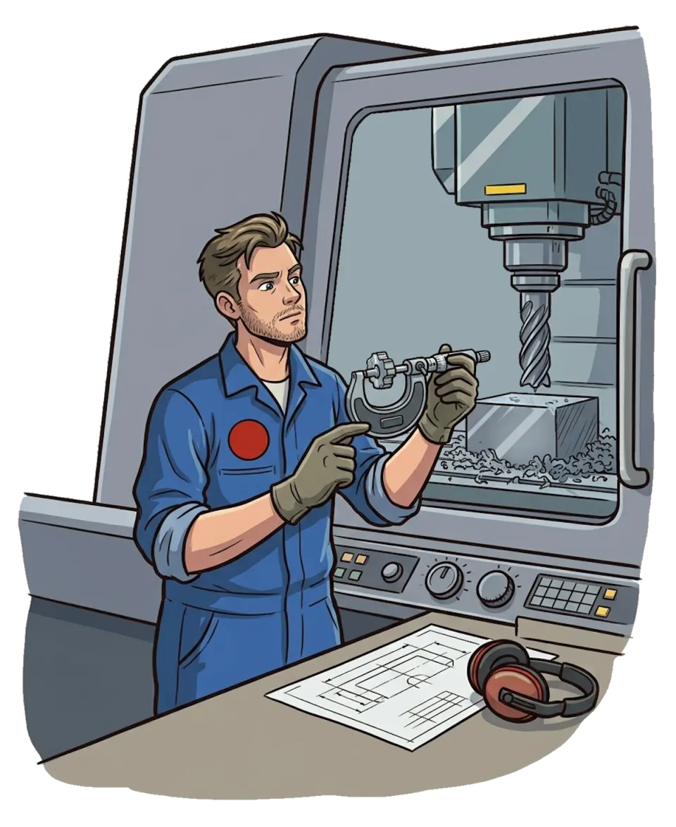 Comic-Zeichnung: Ein junger Mann in blauer Arbeitskleidung prüft an einer CNC-Fräsmaschine mit einer Bügelmessschraube ein Werkstück; auf der Werkbank liegen eine technische Zeichnung und ein Gehörschutz